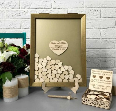 personalise names gold frame wooden wedding engraved guestbo
