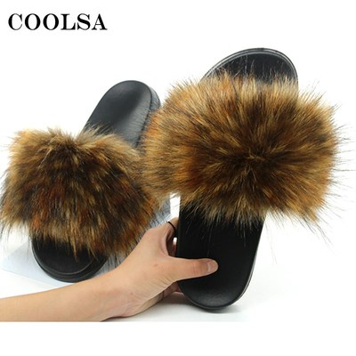New Women Fur Slippers Faux Fox Fur Slipper Fluffy Woman Rac