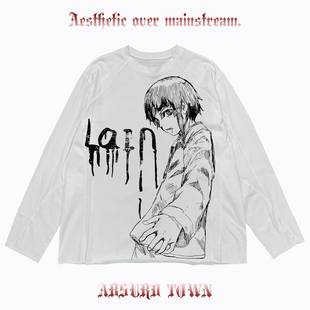 AT荒诞小镇 Lain铃音暗黑Y2K重磅圆领机能风拼接长袖T恤PUNK叛逆