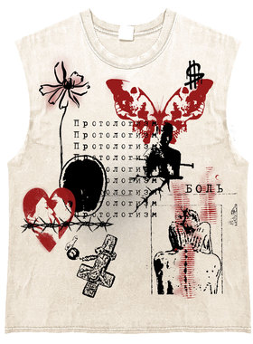 AT荒诞小镇 黑红blackred涂鸦喷绘朋克重磅做旧白水洗砍袖T恤