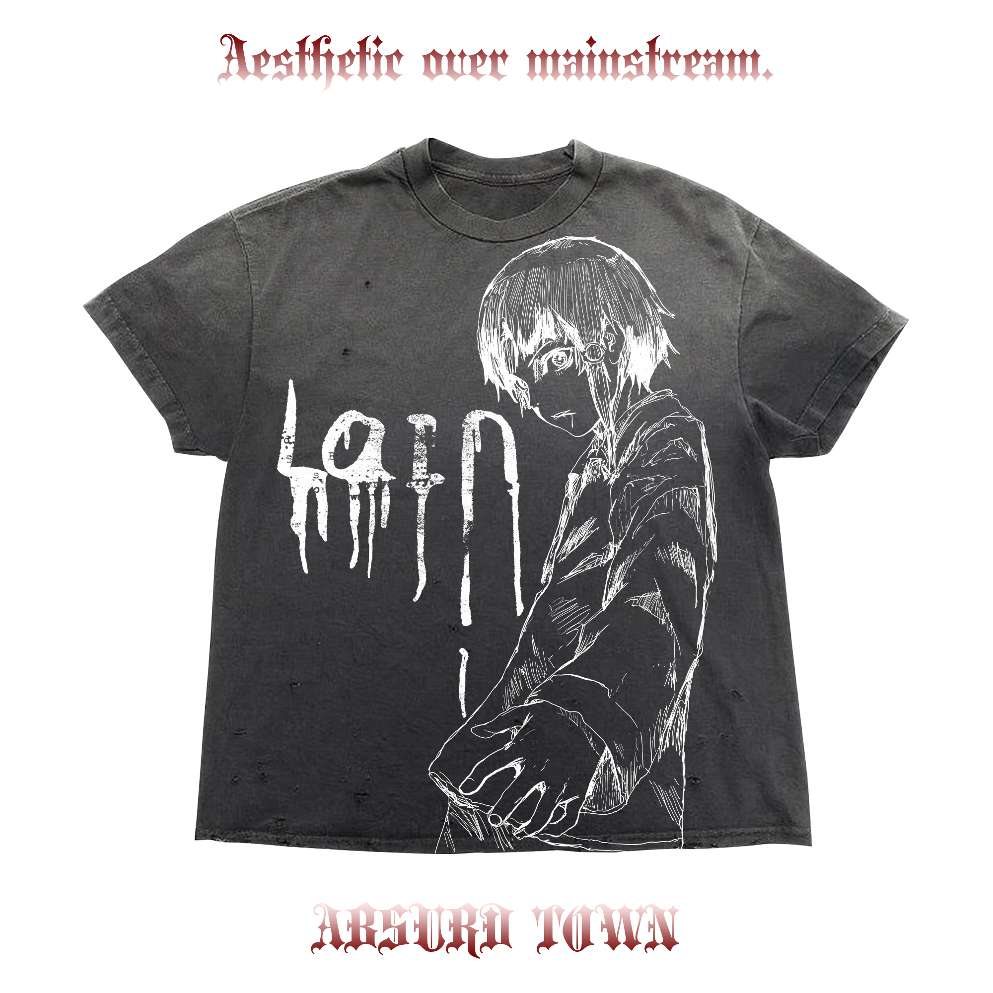 AT荒诞小镇 Lain铃音暗黑Y2K重磅水洗圆领短袖T恤insPUNK叛逆tee