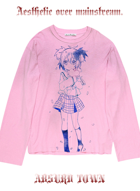 AT荒诞小镇 圆珠笔画质吗?粉色脏脏长袖ins亚比穿搭图鉴T恤gyaru