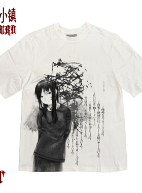 AT荒诞小镇 灰羽联盟Rakka二次元暗黑哥特丧系印花短袖病娇T恤ins
