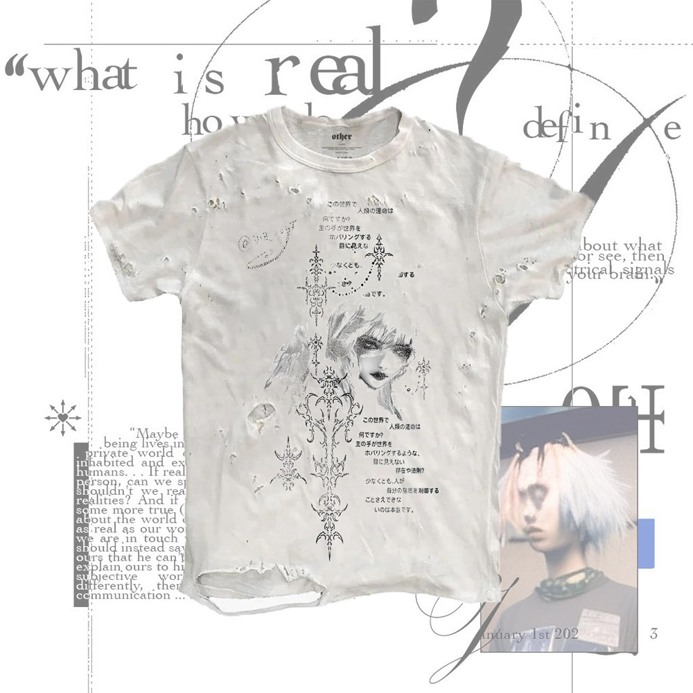 thumbnail for Absurd Town, Dark Subculture, Ripped Washed Cat Print Loose Unisex Trendy Short-Sleeve T-Shirt