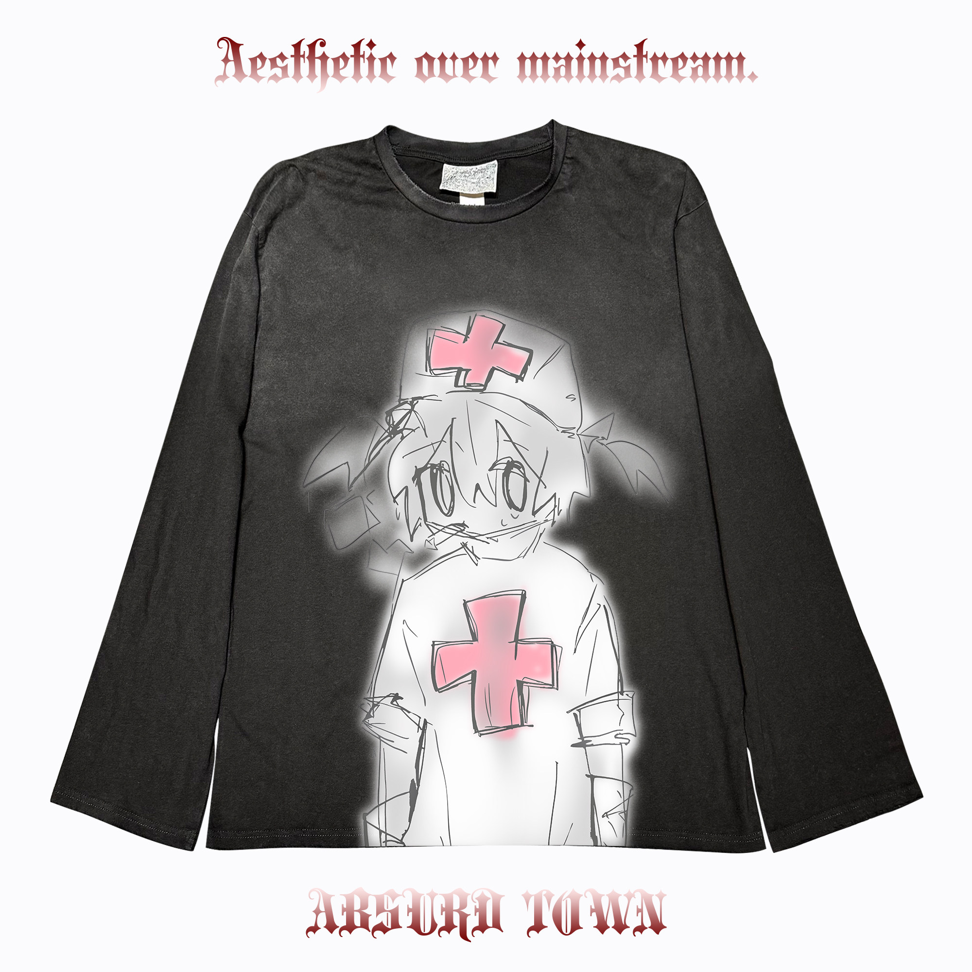 荒诞小镇 粉色小护士动漫anime小人Y2K病娇系亚妹叠穿脏脏长袖