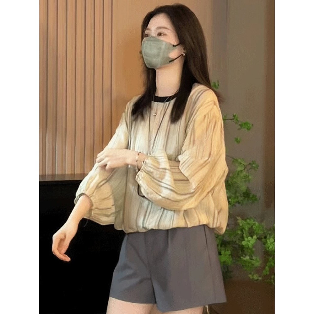 条纹长袖防晒衬衫女款2026新款夏季巨好看设计感泡泡袖雪纺上衣女图片