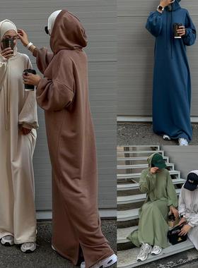 阿拉伯沙特迪拜秋冬长袖连帽卫衣长袍裙长裙女Arab Women Sweater