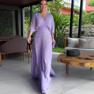 欧美风性感V领蝙蝠袖 Bat dress pleated 压褶大摆连衣裙女 sleeve