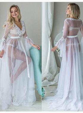 白色性感飘逸开襟长裙 小拖尾沙滩显瘦超仙连衣纱裙weddind dress