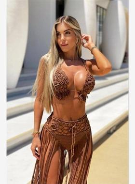 Women Knitted Set Tassels Two Pieces Set Halter Backless Bra
