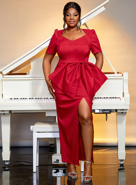 欧美大码高腰性感优雅风派对宴会开叉连衣裙PlusSize Party Dress