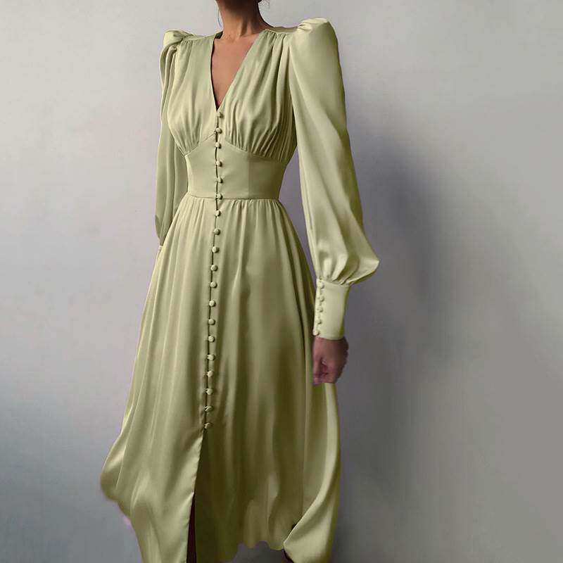 dresses 法式缎面连衣裙女设计感灯笼袖收腰显瘦欧美气质修身长裙