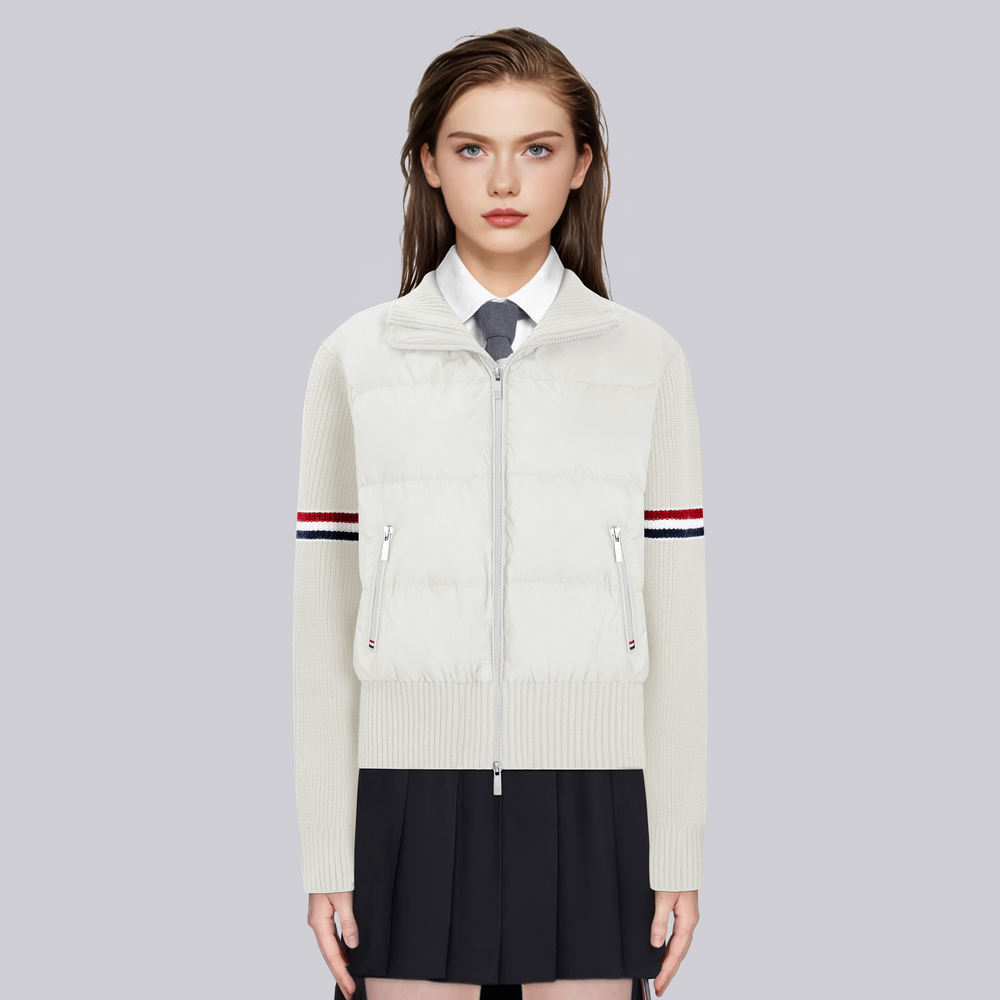TB学院风拼接针织袖短款羽绒服