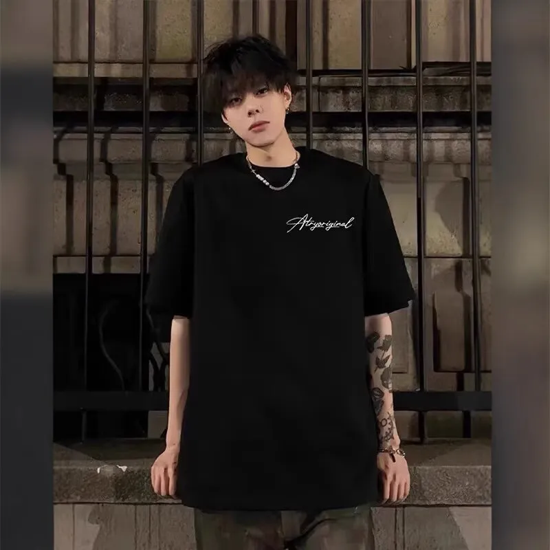 潮流港风短袖t恤男款牛奶丝宽松舒适圆领半袖时尚印花休闲百搭衣