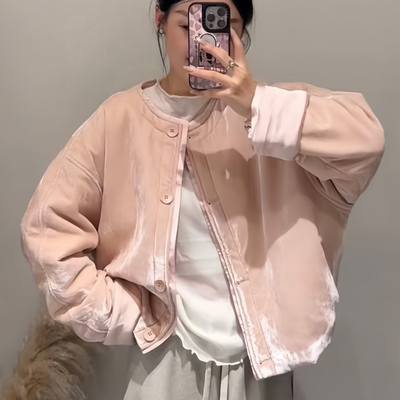 时尚圆领单排扣丝绒光面棉服女2025秋冬新款显瘦夹棉保暖棉衣外套