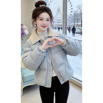 浅蓝色短款针织翻领羽绒棉服女冬季2026新款小个子巨好看保暖外套