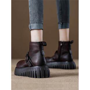 秋冬爆款百搭真皮覆古厚底增高马丁靴女款头层牛皮小个子松糕短靴