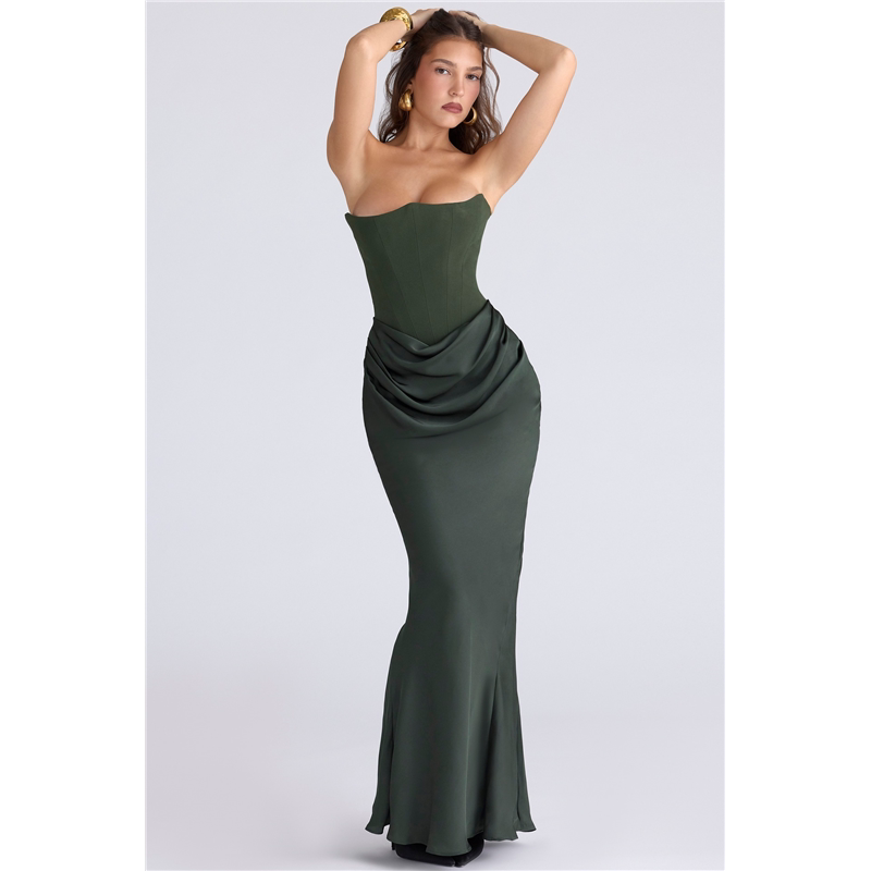 2025 European and American New Style Multi-Color Waist-Cinching Strapless Off-Shoulder Fishbone Pleated Long Bodycon Satin Dress