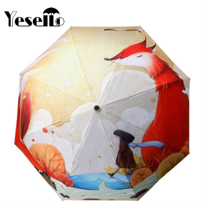 cute fox girl cartoon illustration three folding umbrella 8