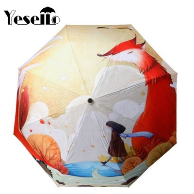 Cute Fox Girl Cartoon Illustration Three Folding Umbrella 8