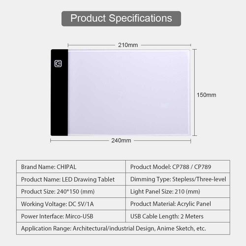 CHIPAL Ultra Thin A5 LED Light Pad Artist Light Box Table Tr