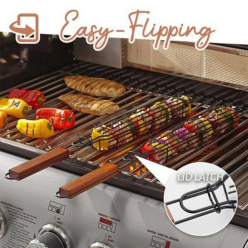 portable bbq basket with wooden handle fish grilling basket