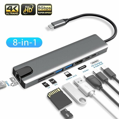 8 in1 USB C To Type C Dual USB 3.0 Hub HDMI RJ45 Ethernet M