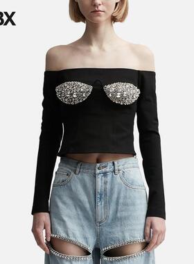 Area Embroidered Crystal Cup Long Sleeve Top 上衣女HBX