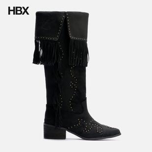 YEEL Studded Suede Fringe Boots Black 靴子女HBX