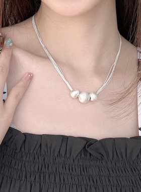 法国CapinKofin银色多层蛇骨链磨砂圆球项链小众设计感三颗球吊