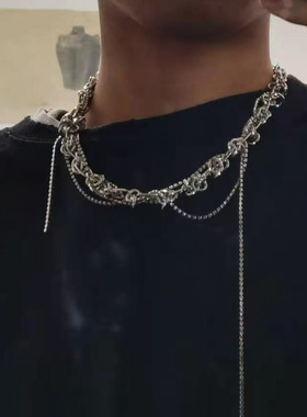 法国CapinKofin小众镶钻银色粗链条打结流苏项链男女欧美嘻哈