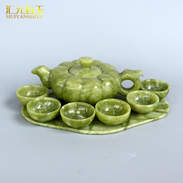 南玉茶壶摆件淡绿色玉石玉器茶具套装玉石玉器茶杯茶碗工艺品