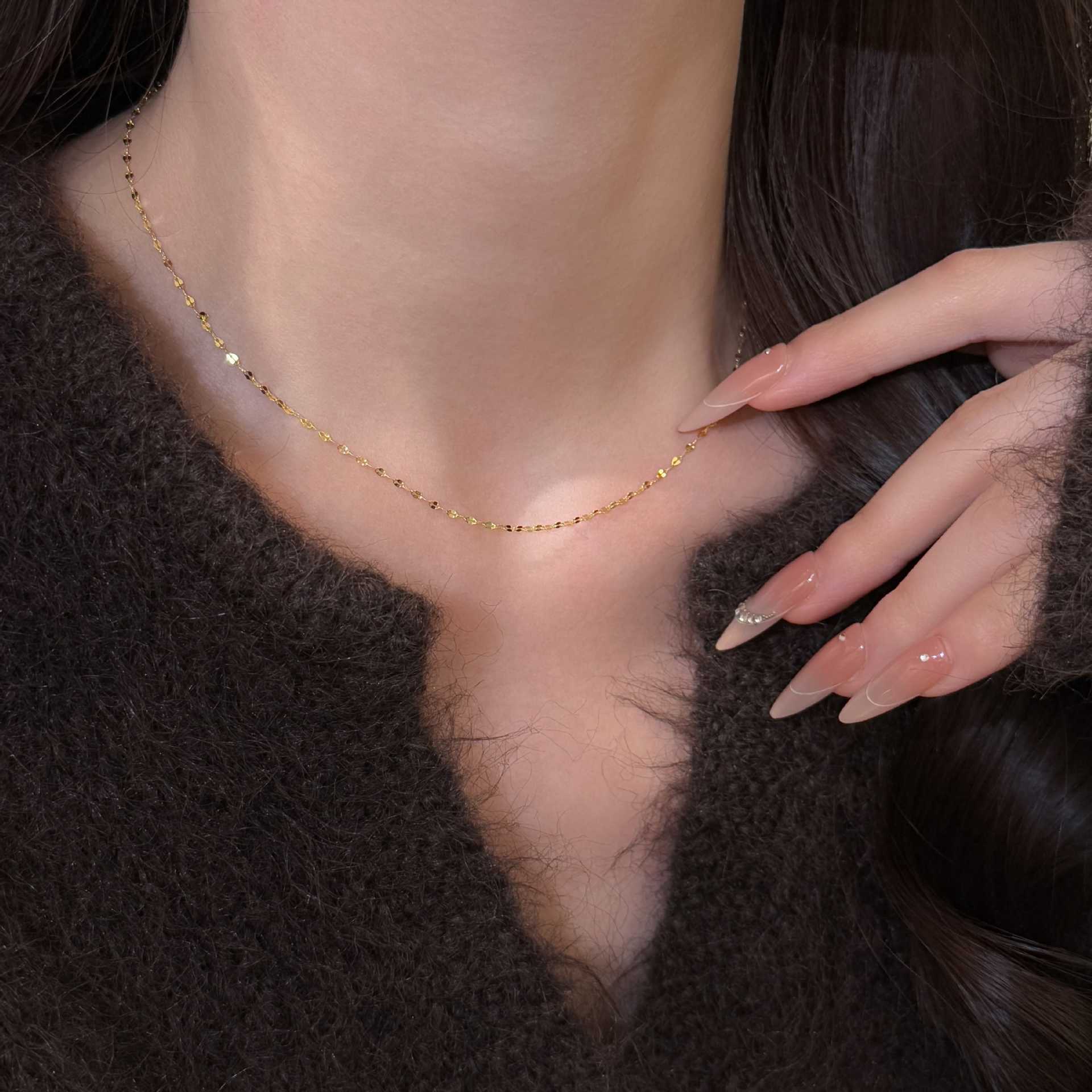 日本品质S925纯银镀18k金项链女 日韩简约气质简约小亮片嘴唇链裸