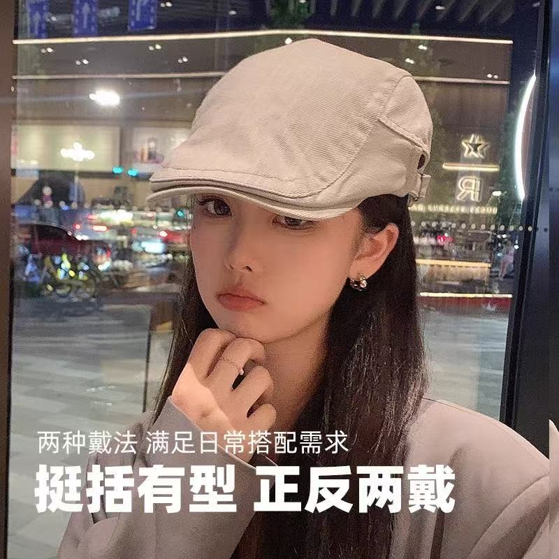 大头围法式贝雷帽女春秋款反戴古着前进帽显脸小黑色画家报童帽子