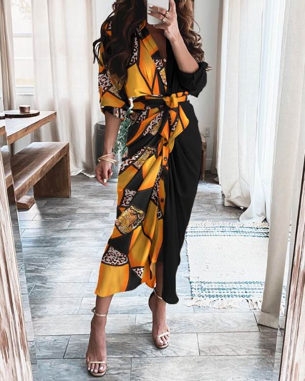 Graphic Print Long Sleeve Slit Shirt Dress开叉衬衫连衣裙
