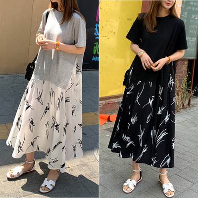 200斤欧美外贸特大码女装胖mm宽松显瘦遮肚印花连衣裙假两件长裙