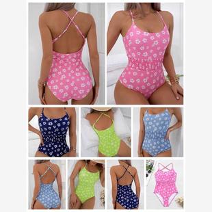 欧美新款 腰部褶皱收腰显瘦交叉美背包臀 花色女三角连体比基尼泳装