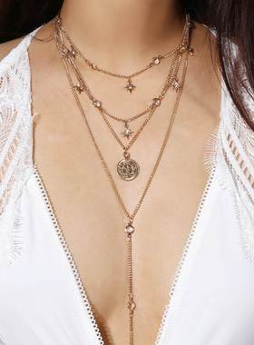欧美多层镶钻项链配饰星星钱币流苏款Y型吊坠锁骨链2018夏季饰品