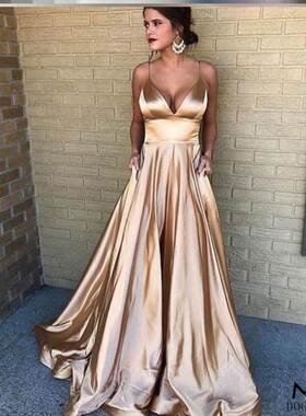 Satin Dress宫廷风低胸V领吊带高腰绸面礼服裙缎面拖地大摆连衣裙