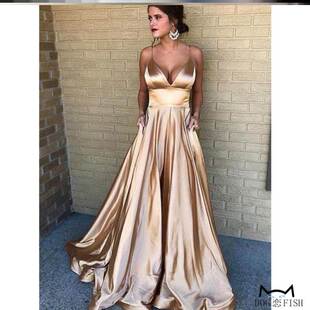 Dress宫廷风低胸V领吊带高腰绸面礼服裙缎面拖地大摆连衣裙 Satin