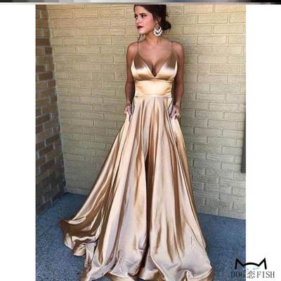 Satin Dress宫廷风低胸V领吊带高腰绸面礼服裙缎面拖地大摆连衣裙
