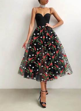 Floral Embroidery Sheer Mesh Prom Dress吊带网纱绣花小黑裙夏