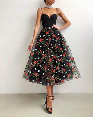 Floral Embroidery Sheer Mesh Prom Dress吊带网纱绣花小黑裙夏