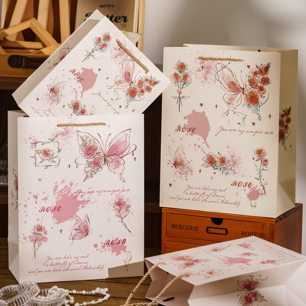 垚璟小众复古玫瑰蝴蝶礼物包装袋日常送礼礼物手提袋加厚白卡纸袋