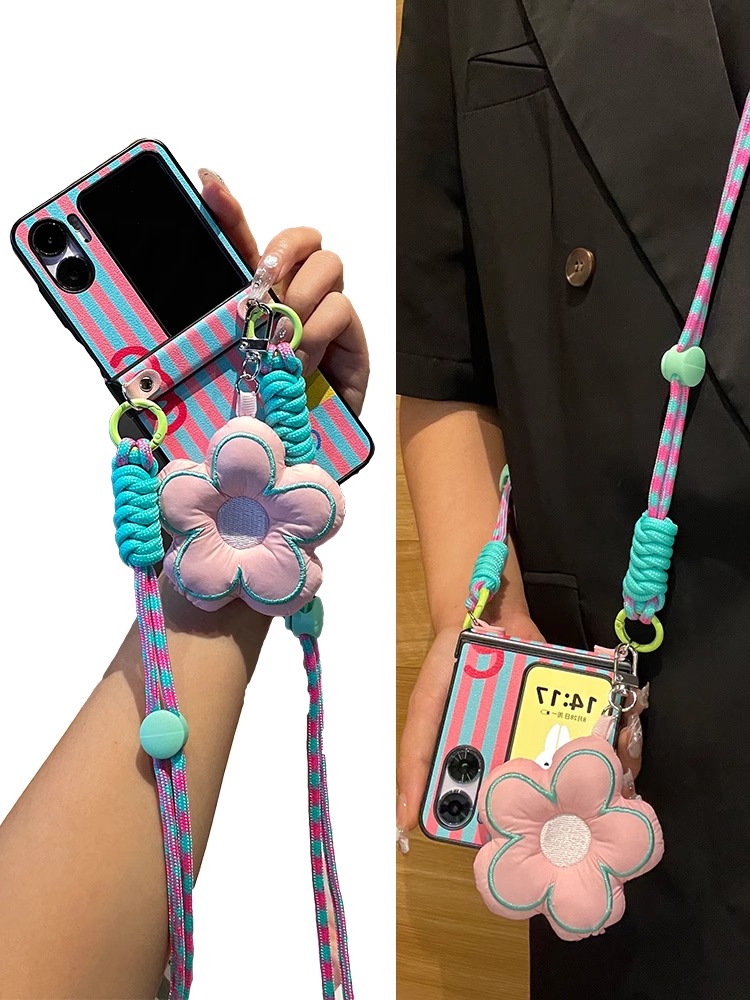 蓝粉线条花朵挂件适用OPPOFindN3Flip手机壳折叠屏新款FindN2filp小清新斜挎绳防摔外壳女铰链全包皮质保护套