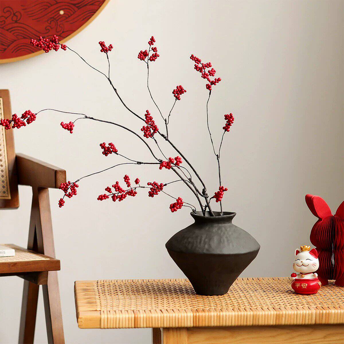 串串金果秋叶仿真干枝花艺摆件红色喜庆客厅玄关过年假花装饰品
