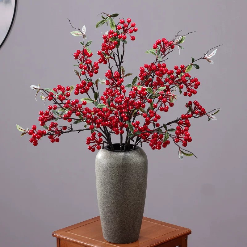 带叶冬青果仿真花发财浆果枝假花