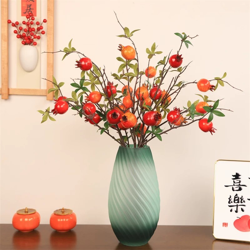 .新中式仿真石榴浆果树枝假花摆件落地花瓶插花客厅玄关装饰花艺