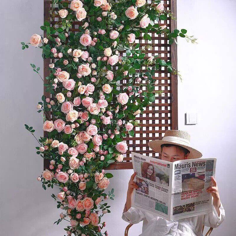  仿真玫瑰花藤条暖气管道缠绕装饰假花藤蔓吊顶造景塑料花藤