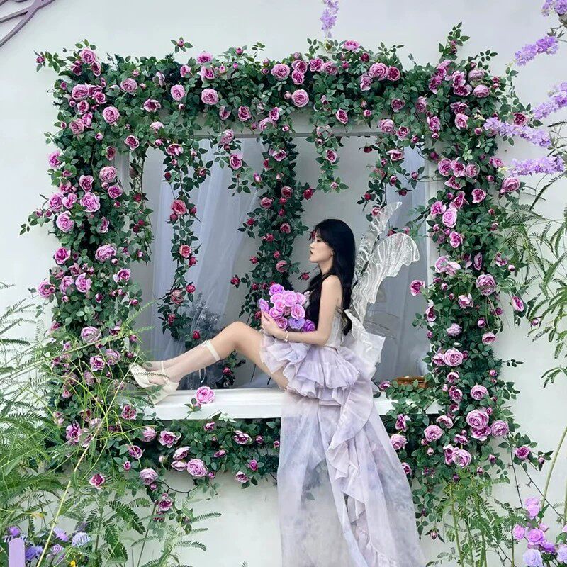 仿真花玫瑰藤条蔓藤绢花假花房顶暖道装饰花链高端造景花墙